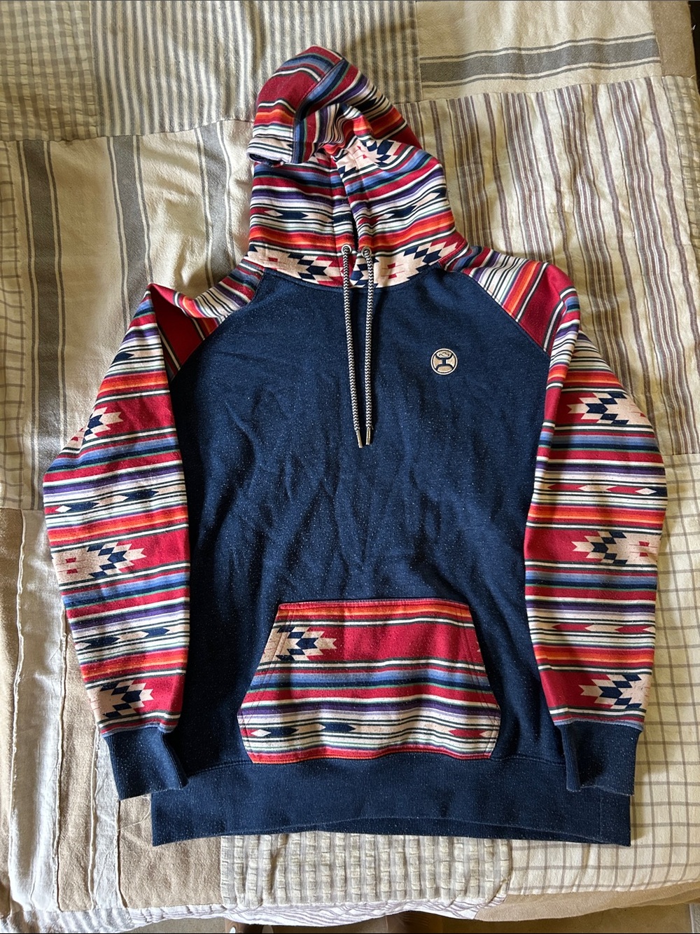 Howler Brothers Navy Hoodie with Red Aztec-Patterned Sleeves